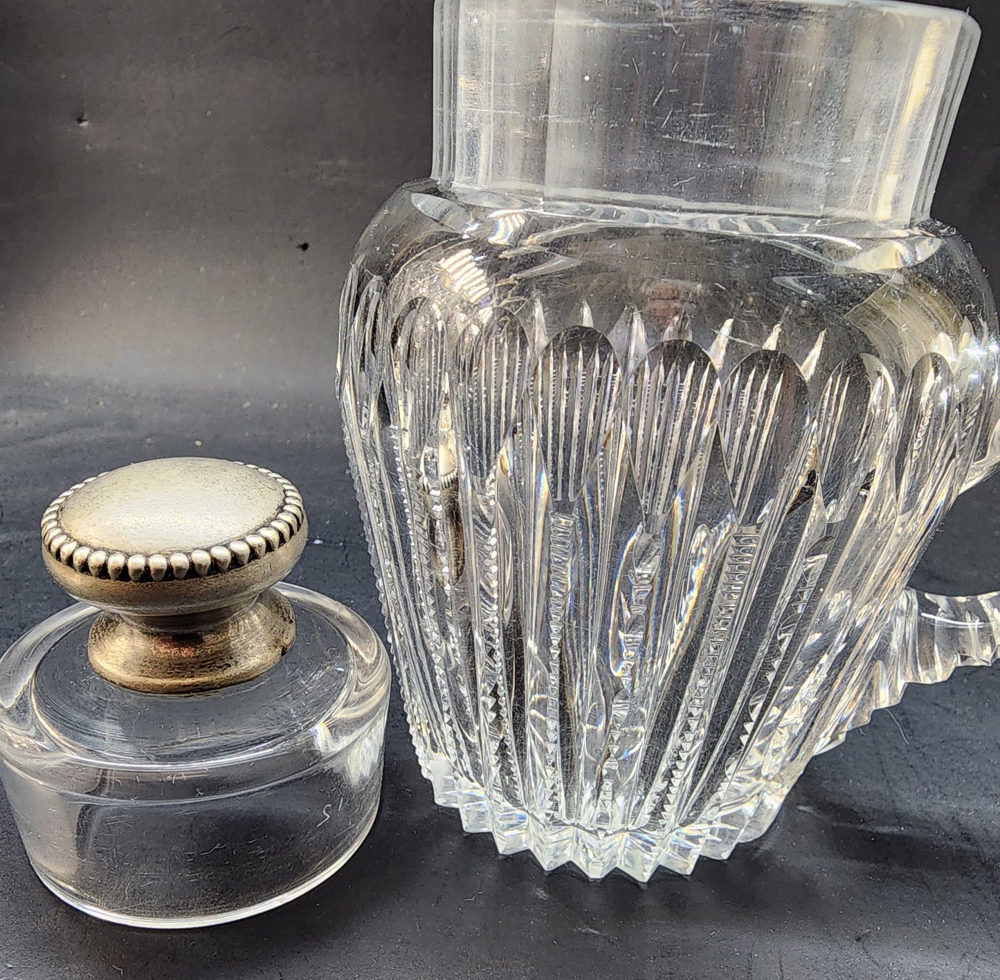 ABP cut glass covered jar with sterling lid Antique