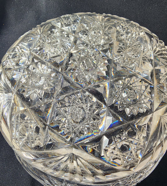 American Brilliant Period Cut Glass dresser box with silver collar lid Antique abp
