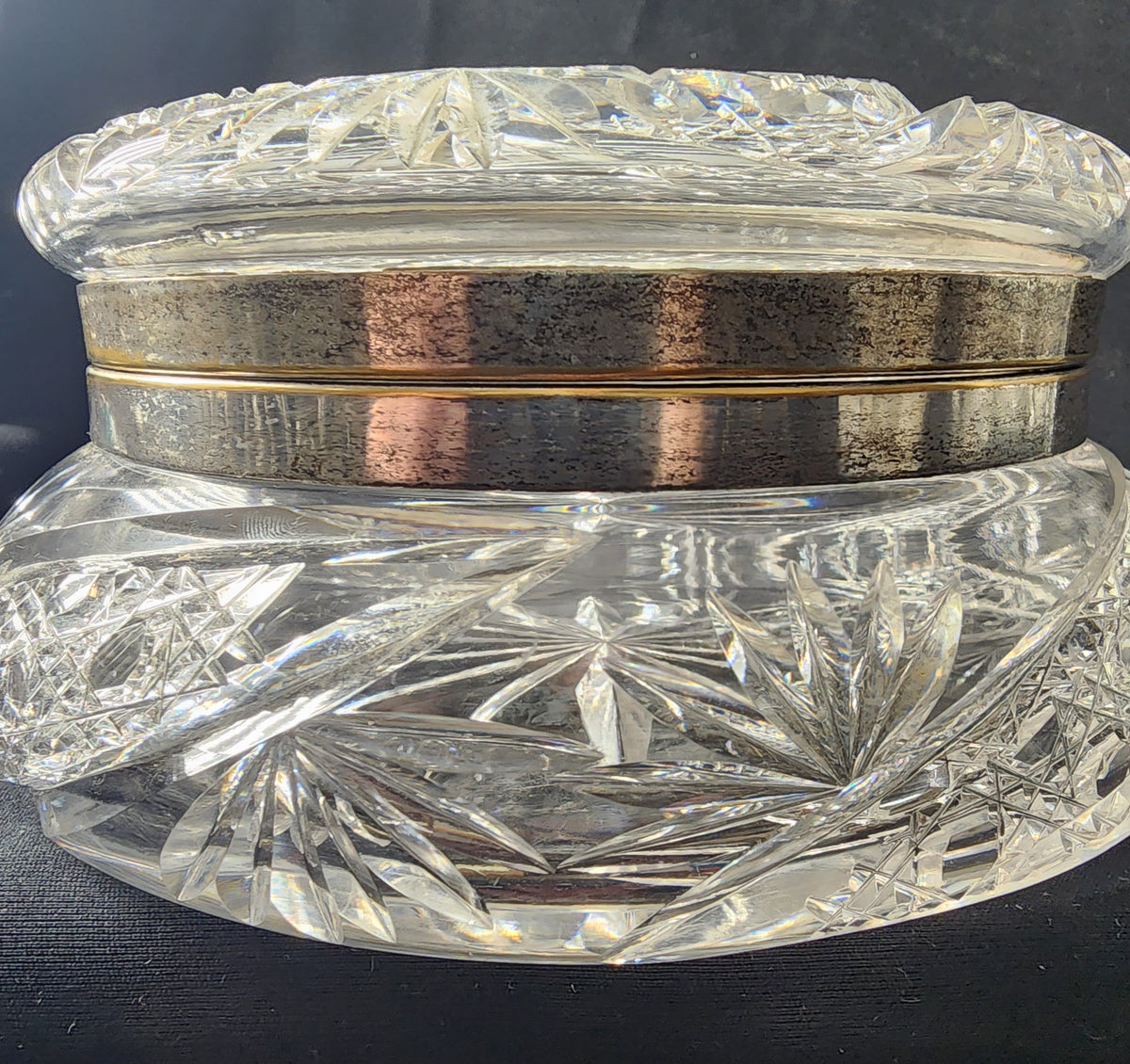 American Brilliant Period Cut Glass dresser box with silver collar lid Antique abp