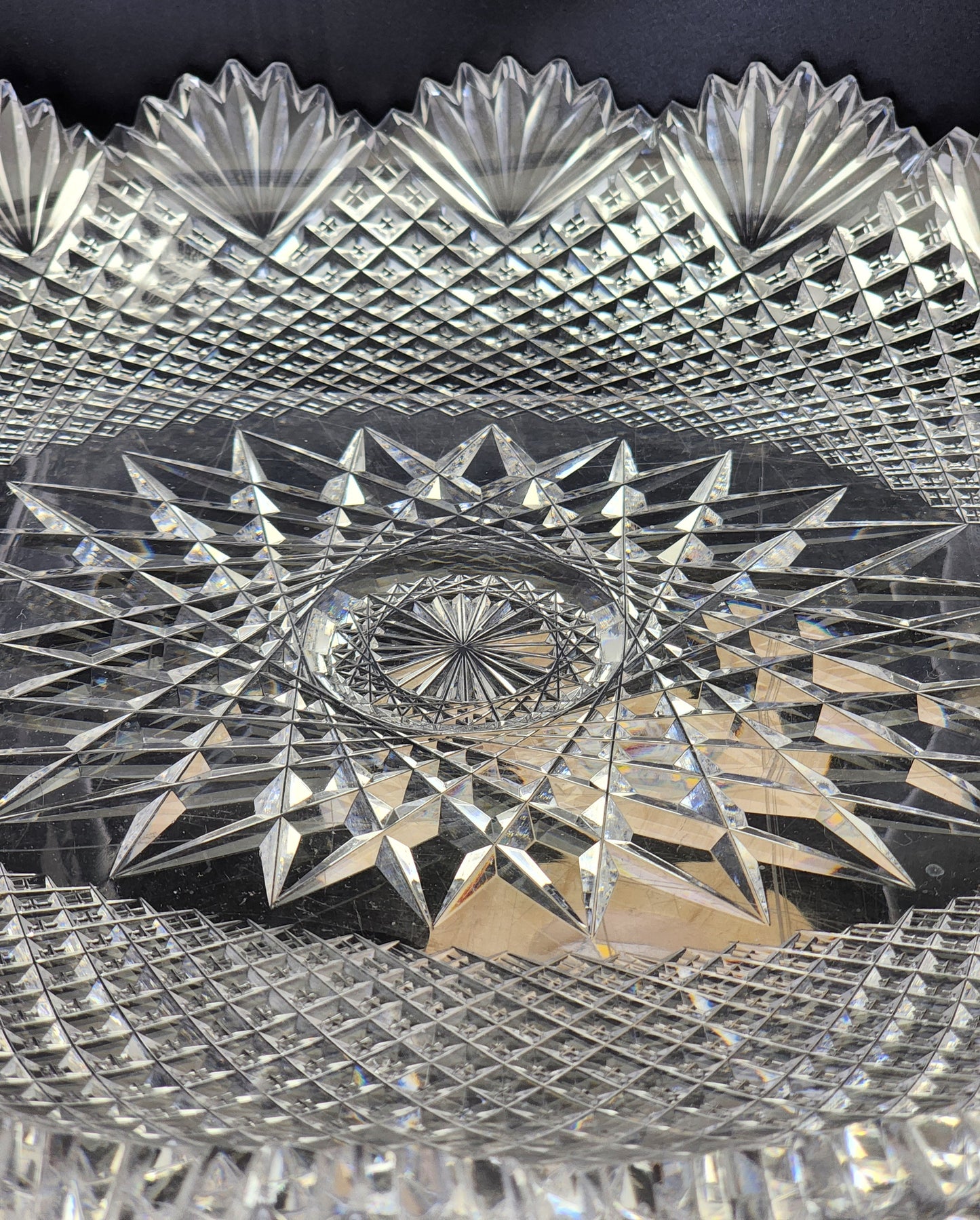 American Brilliant Period Cut Glass oval low bowl strawberry diamond fan