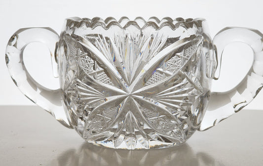 American Brilliant Period Cut Glass 2 handle large sugar Antique abp hand cut