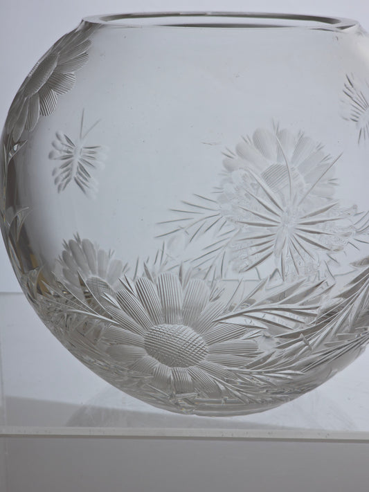 Hand cut glass rose bowl, Butterfly and floral