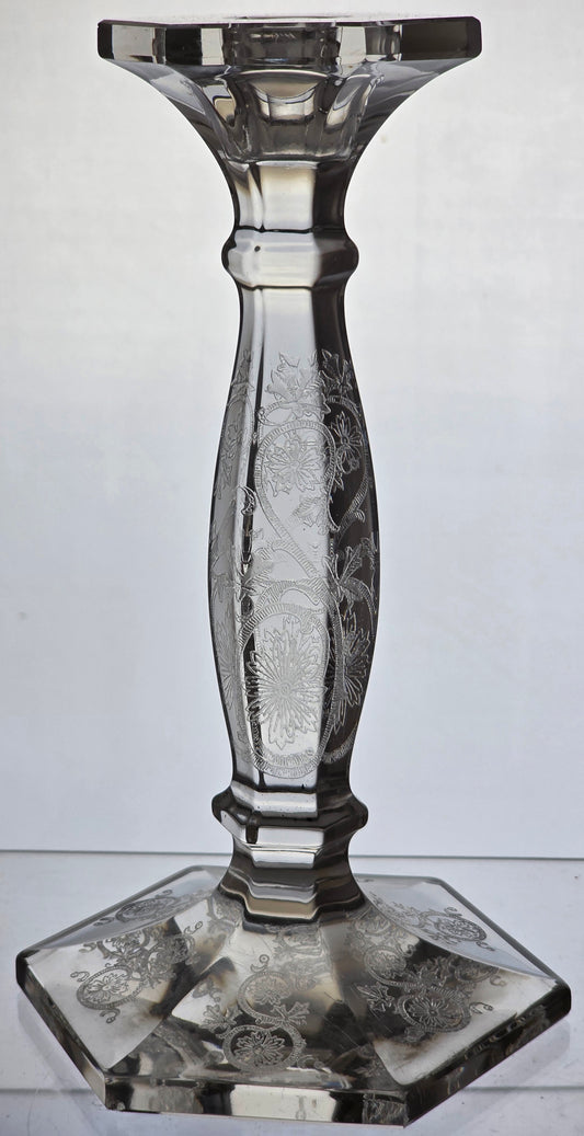 Pair etched glass candlesticks US Glass Co pa20