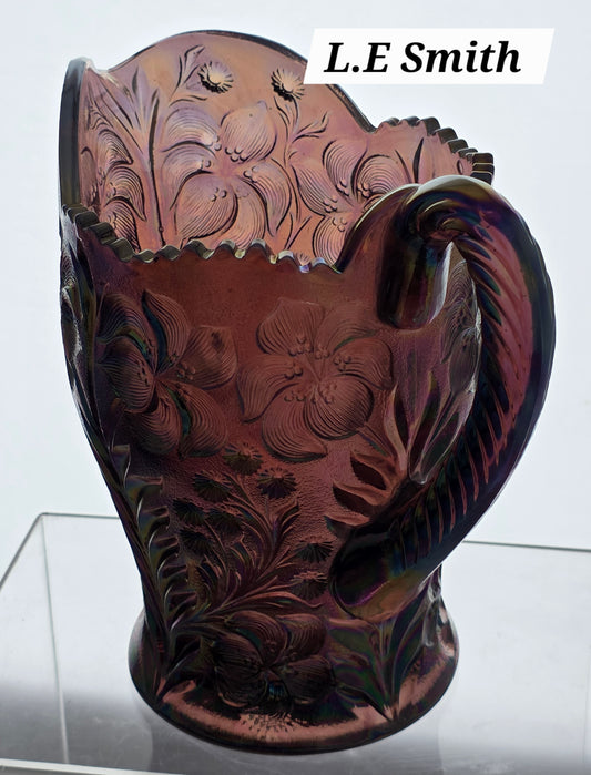 L.E Smith Glass carnival purple Tiger lily pitcher