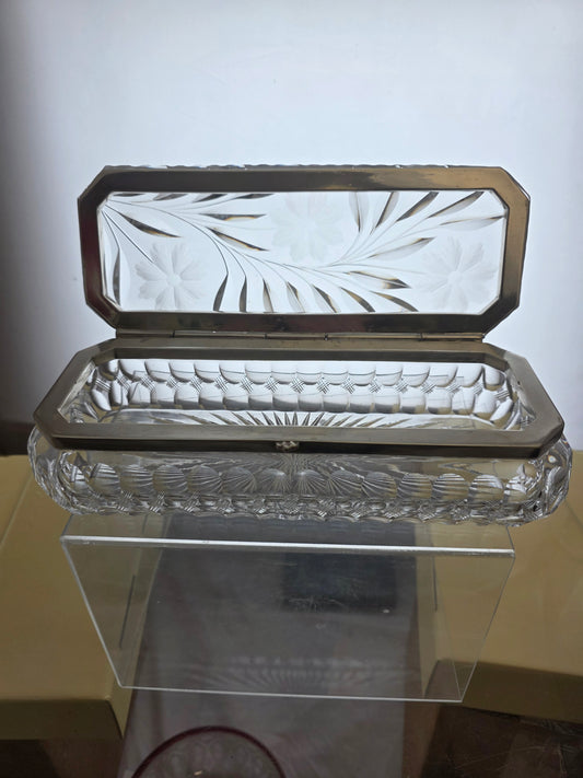 American Brilliant Period Cut Glass handkerchief box with silver lid Antique abp