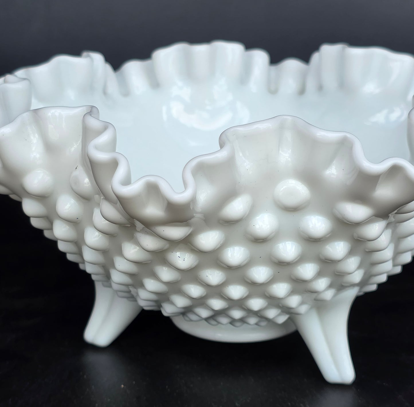 Fenton glass ruffled edge 3 leged dish