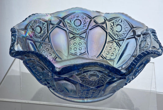 L.E Smith Glass blue iridescent ruffled edge bowl