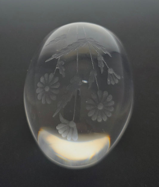 Glass egg paperweight with copper wheel engraved flowers