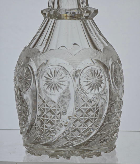 Regency Hand Cut glass faceted 3 ring neck decanter swirl cut with mushroom stopper