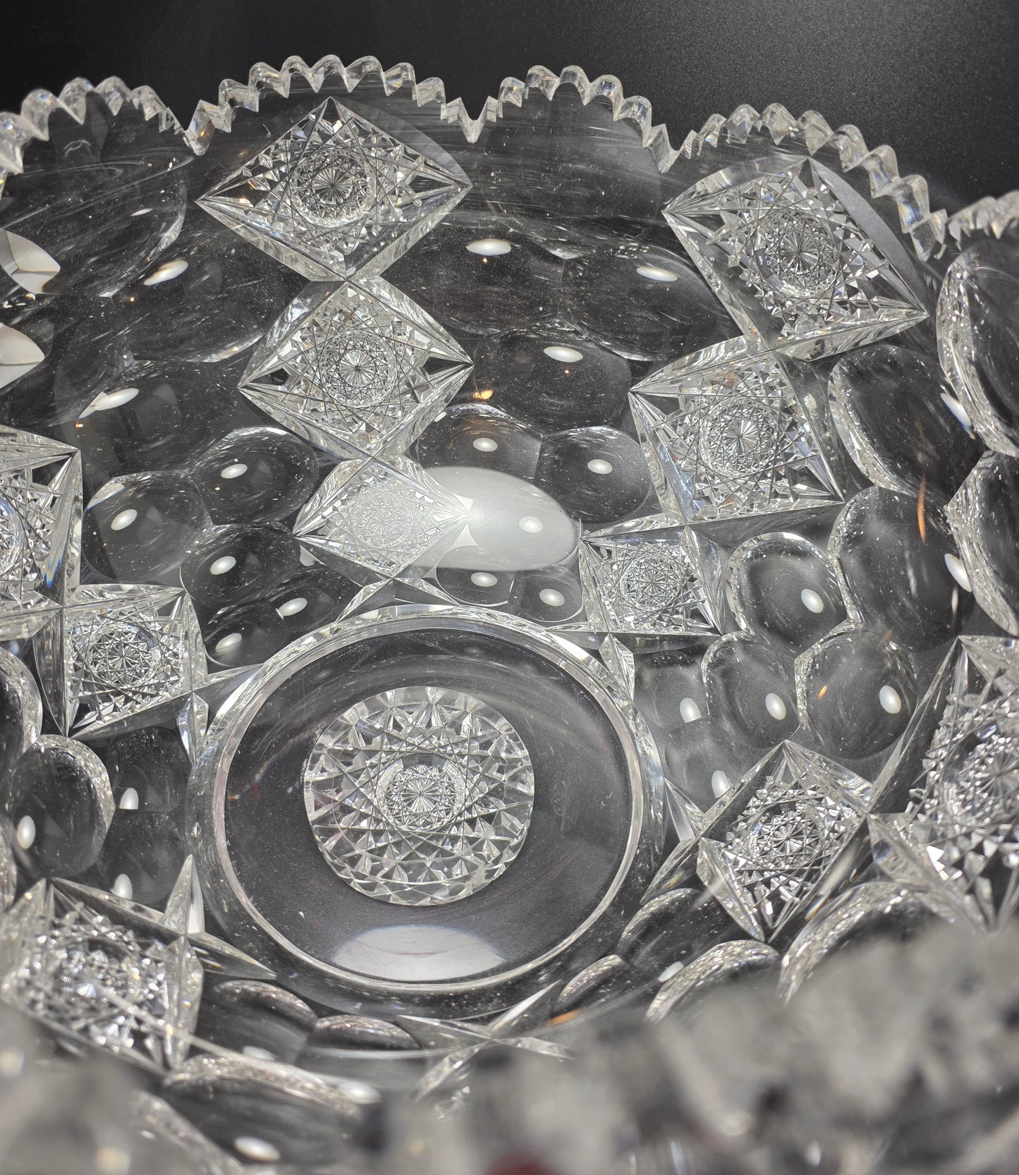 ABP cut glass blown blank Hawkes punch bowl American brilliant period Signed Hawkes Repaired