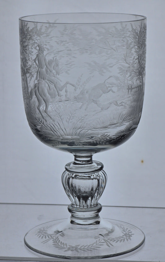 Copper wheel engraved Hunt scene glass chalice crystal