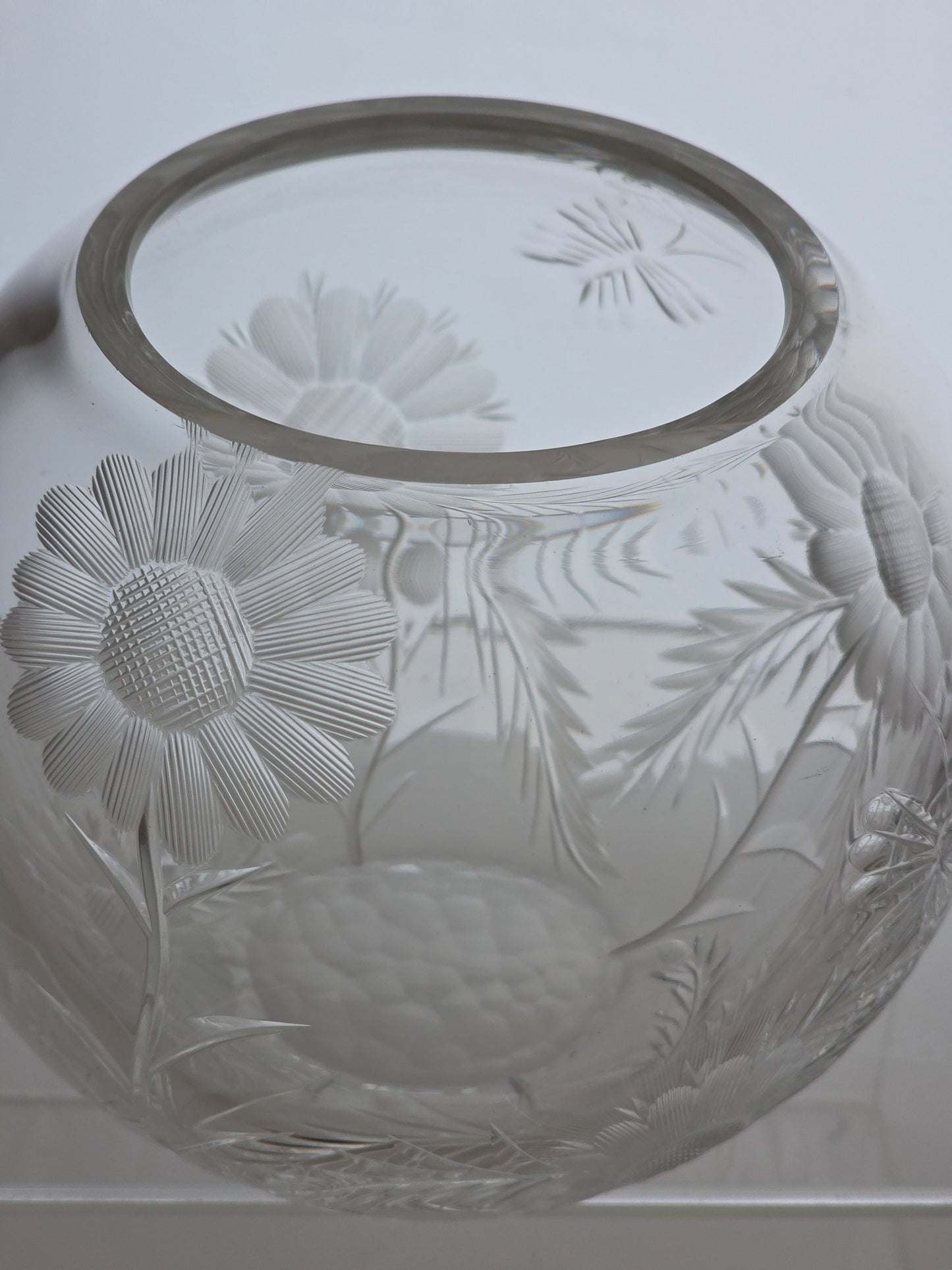 Hand cut glass rose bowl, Butterfly and floral