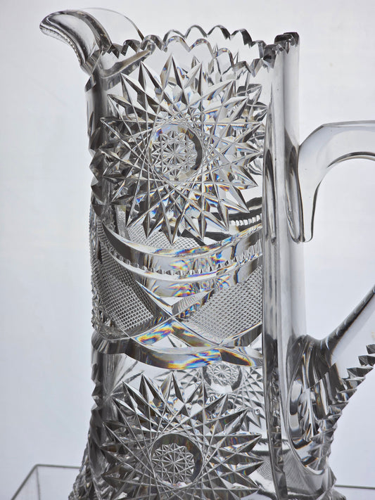American Brilliant Period Cut Glass Pitcher Antique hobstar base