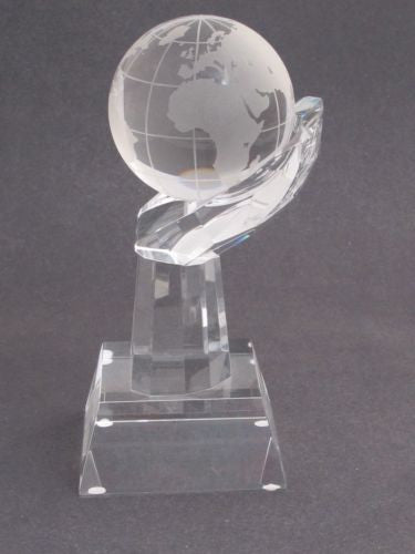 World Globe optical GLASS in hand 5.25" high, Award Gift boxed - O'Rourke crystal awards & gifts abp cut glass