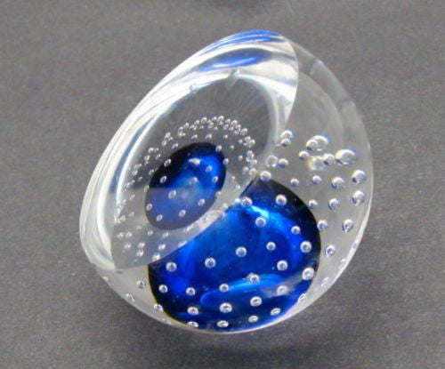 Blue Glass hand made paperweight air bubbles half dome - O'Rourke crystal awards & gifts abp cut glass