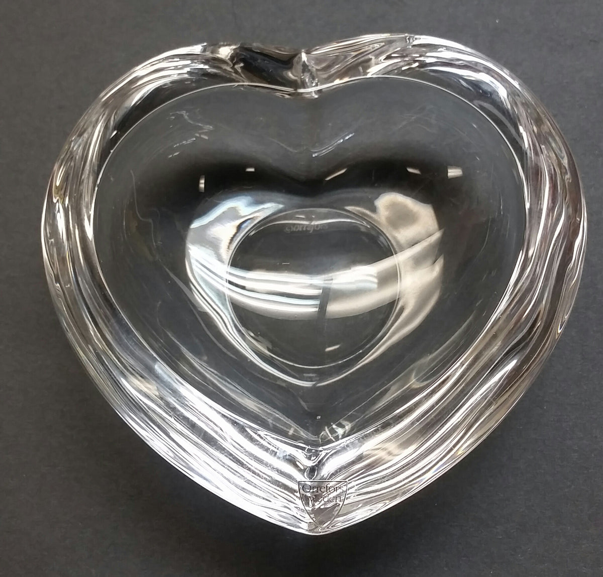 Signed Orrefors glass heart shape dish crystal - O'Rourke crystal awards & gifts abp cut glass