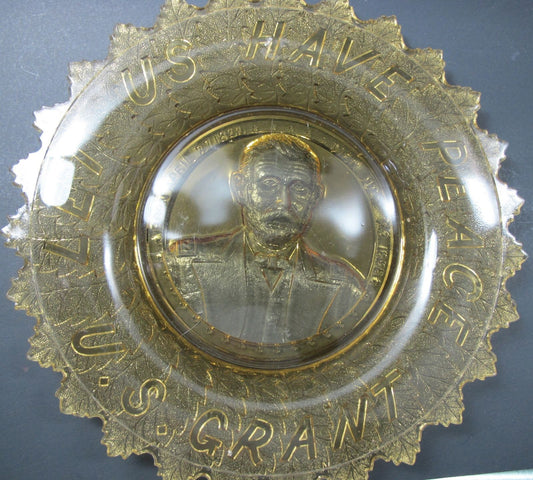 S.Grant amber "LET US HAVE PEACE" GLASS PLATE - O'Rourke crystal awards & gifts abp cut glass