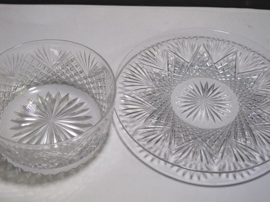 Cut Glass finger bowl + underplate strawberry diamond fan Antique crystal