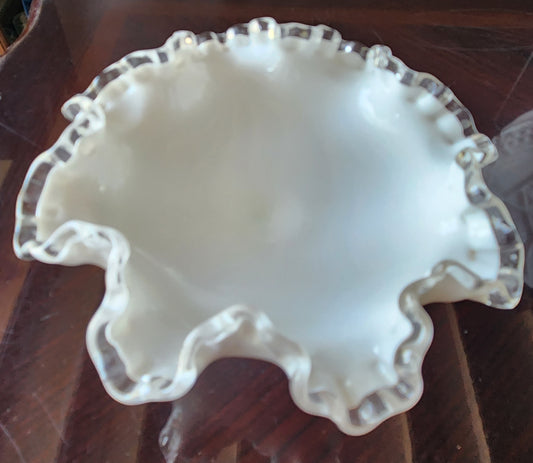 Fenton glass ruffled edge pedestal silver crest dish