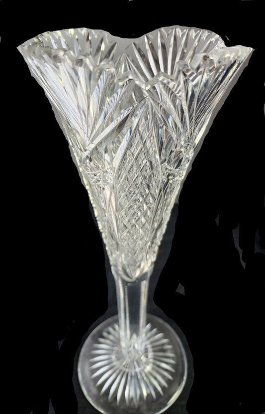 ABP Cut glass trumpet vase antique 13.5"