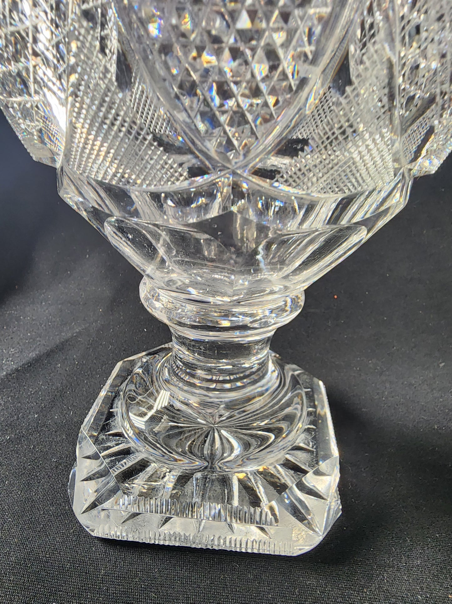 Cut glass footed vase Copper wheel etched fish