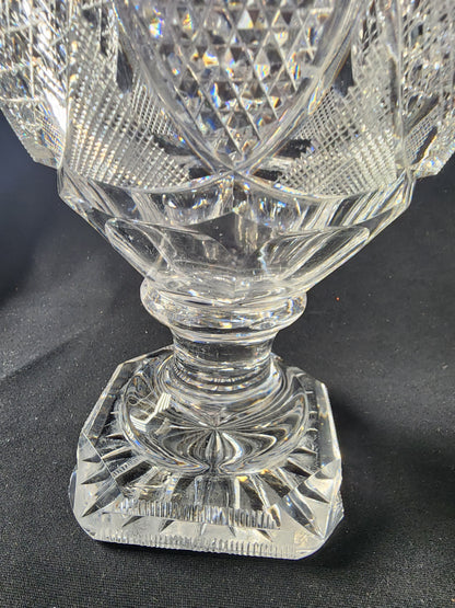 Cut glass footed vase Copper wheel etched fish