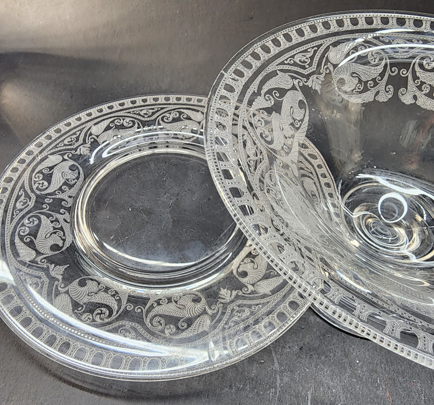 Etched glass Mayonnaise bowl and under plate