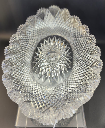 American Brilliant Period Cut Glass oval low bowl strawberry diamond fan