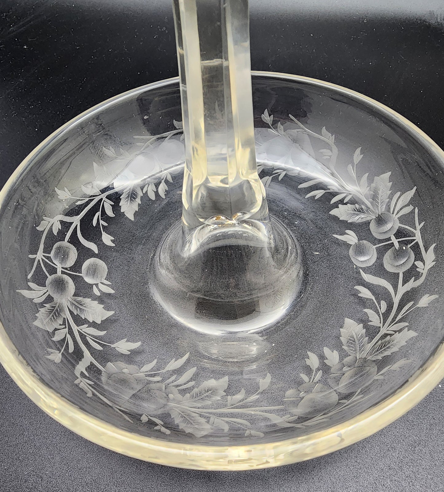 Hand Cut Glass and copper wheel engraved stick dish