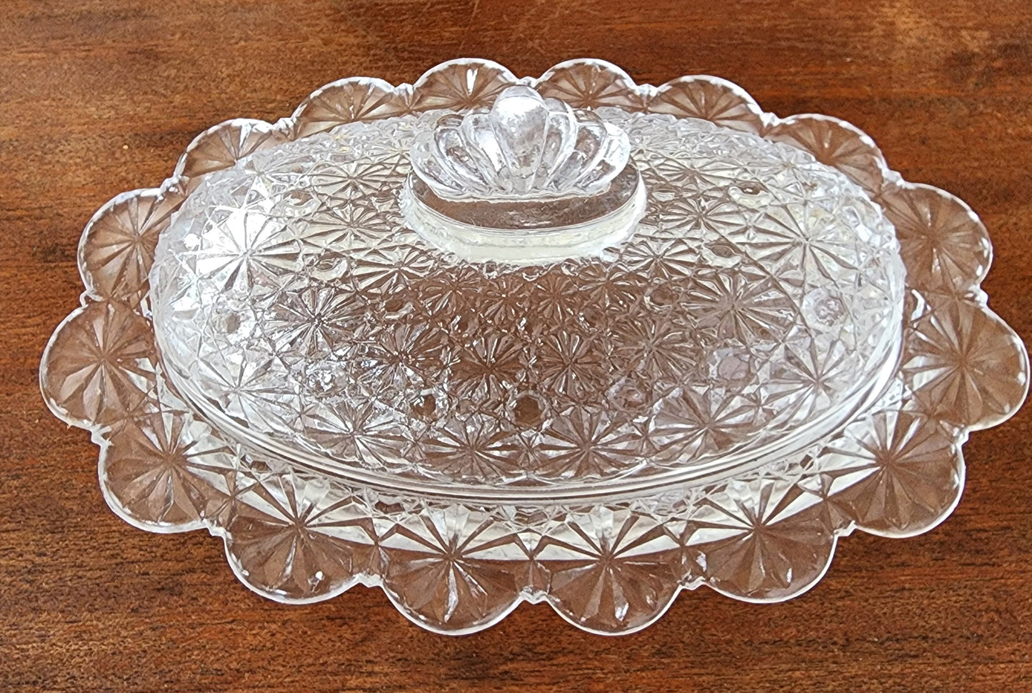 L.E. SMITH glass oval butter dish buttons and bows