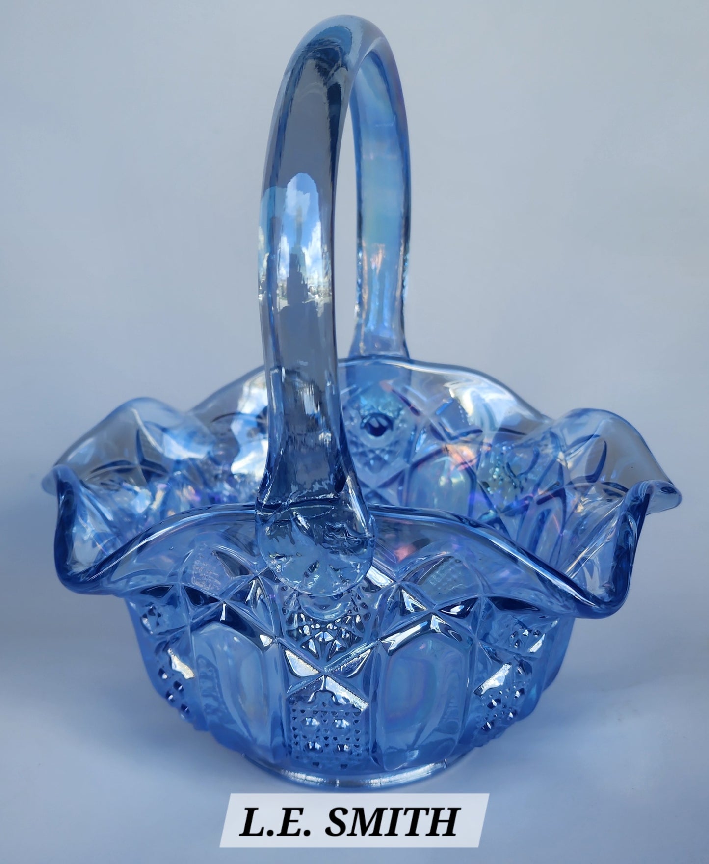 L.E Smith Glass iridescent blue basket
