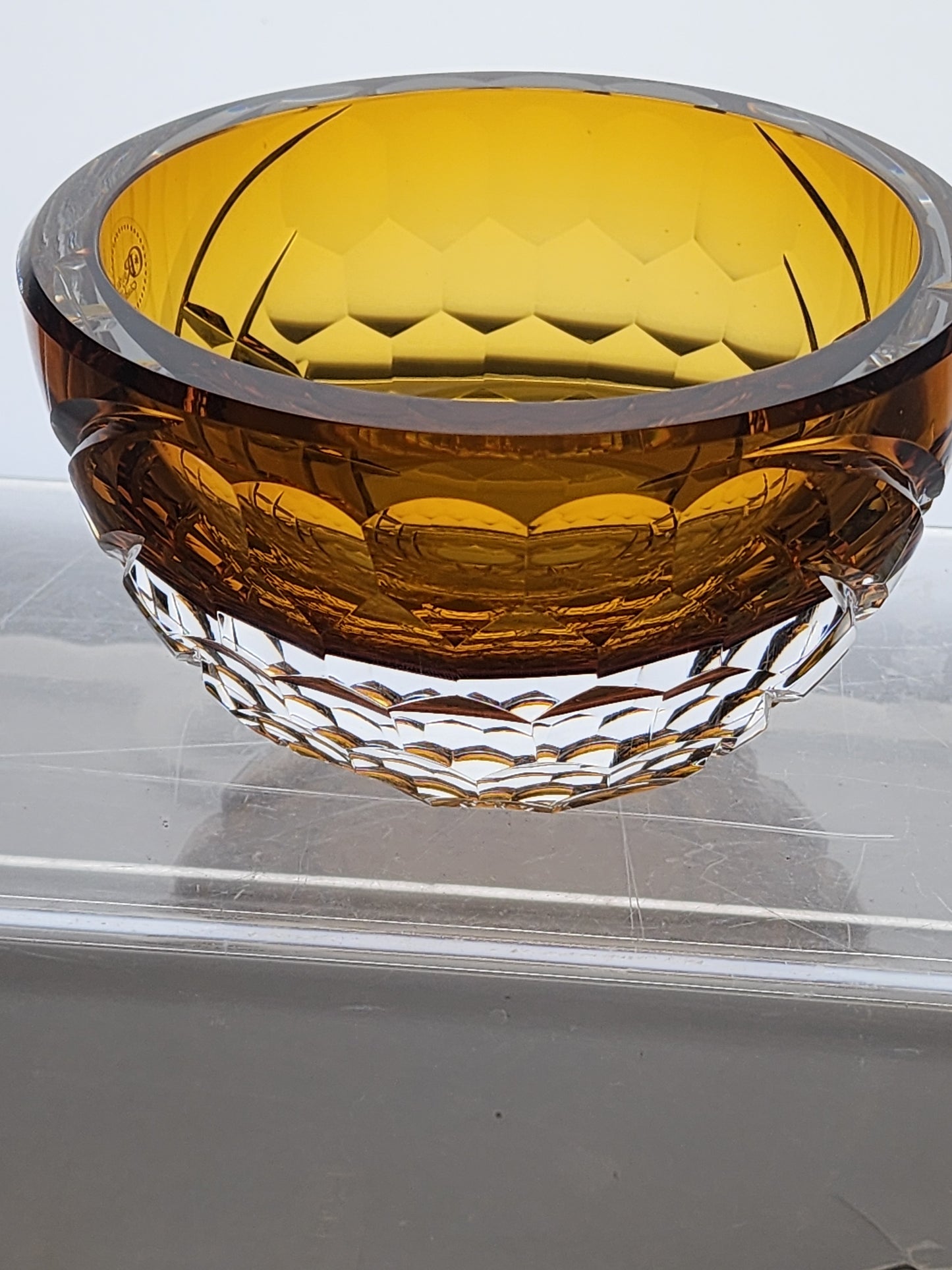 Hand Cut Amber glass bowl HAND POLISHED  signed by Peter ORourke PR10