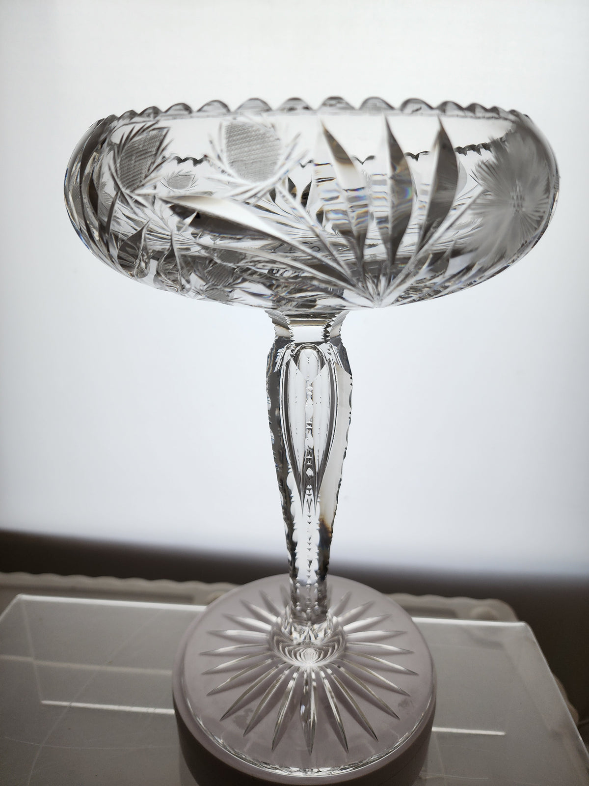 American Brilliant Period Cut Glass compote tear drop stem strawberries