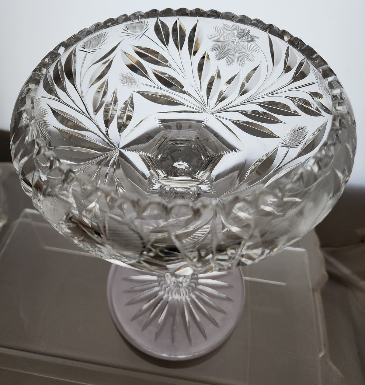 American Brilliant Period Cut Glass compote tear drop stem strawberries