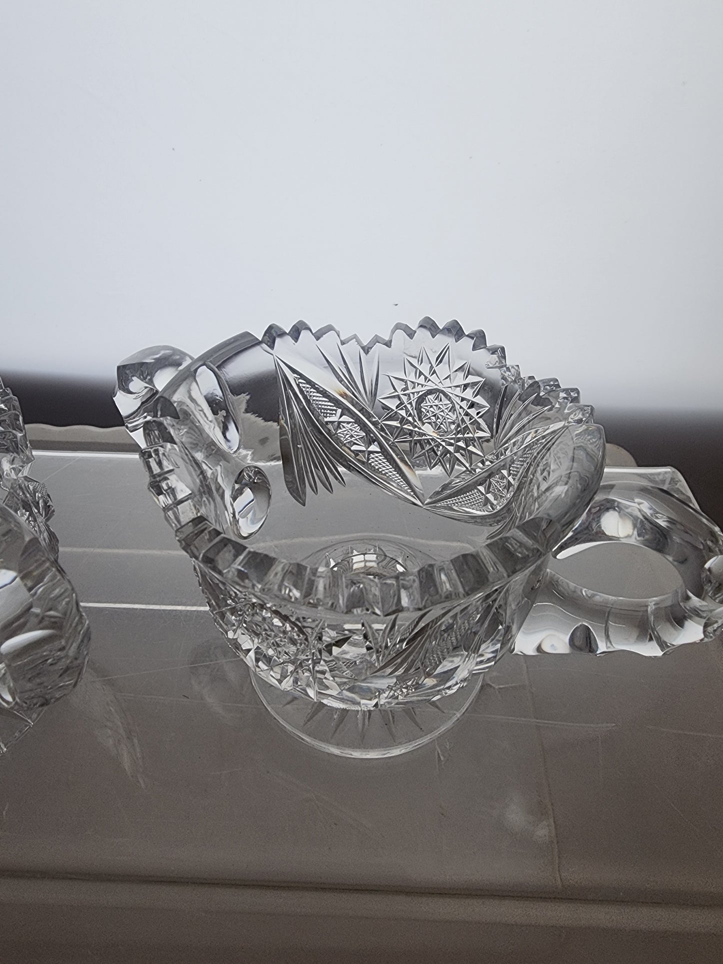 Sugar and creamer on pedestal American Brilliant Period Cut Glass Antique