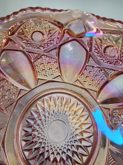 L E Smith Glass pink iridescent crimped bowl