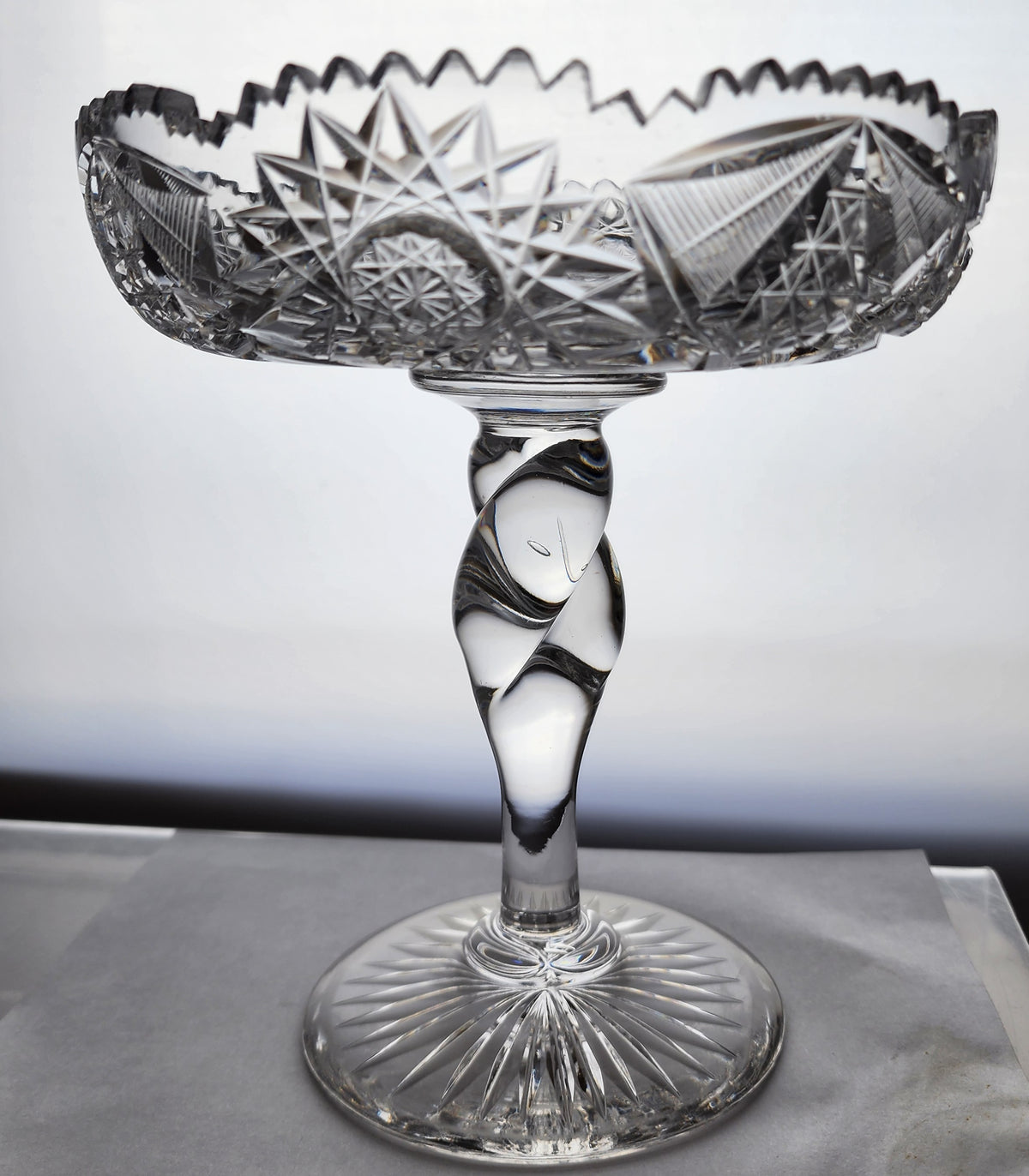 Signed Clark American Brilliant Period Cut Glass compote twist stem