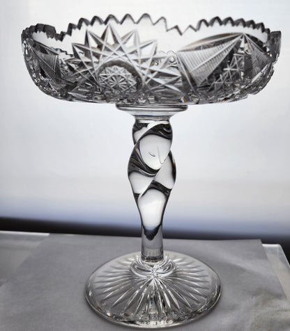 Signed Clark American Brilliant Period Cut Glass compote twist stem