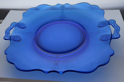 L.E Smith Glass blue double shield bread tray Mt Pleasant pattern