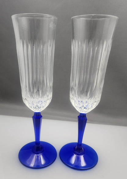 Pair Cut glass flutes blue stem Hand cut