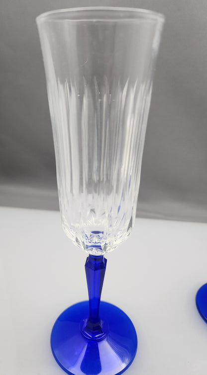 Pair Cut glass flutes blue stem Hand cut