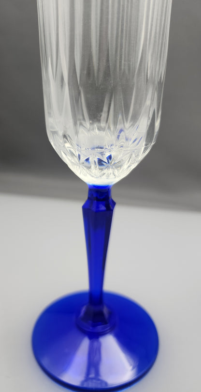 Pair Cut glass flutes blue stem Hand cut