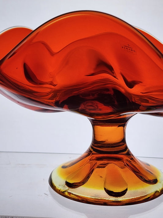 Viking persimmon 6 petal glass compote