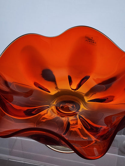 Viking persimmon 6 petal glass compote