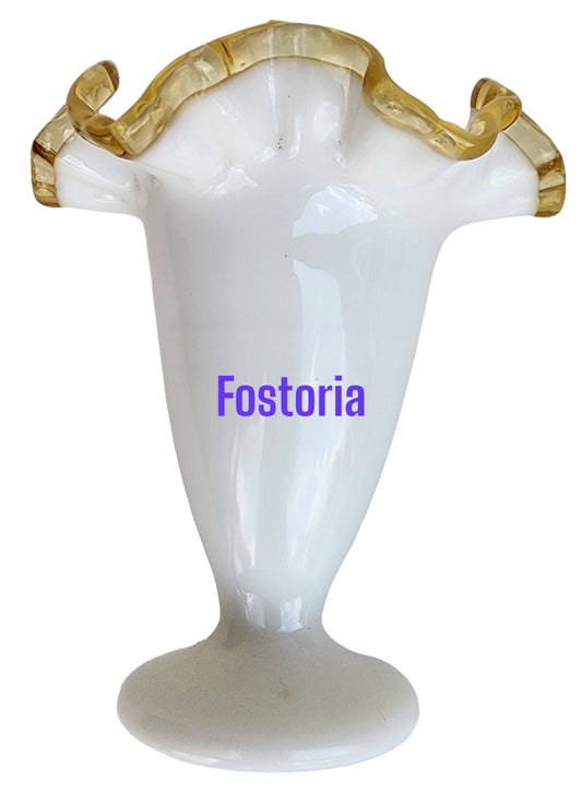 Fostoria gold ruffle rim milk glass vase