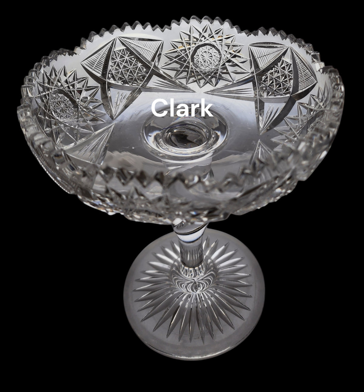 Signed Clark American Brilliant Period Cut Glass compote twist stem