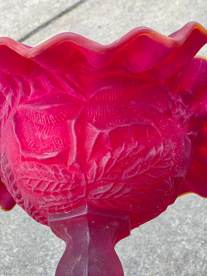Red  frosted glass ruffled edge pedestal compote