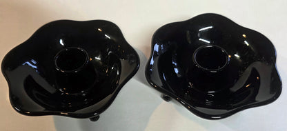 L.E Smith Glass black 3 leged candle sticks Greek key Pair
.