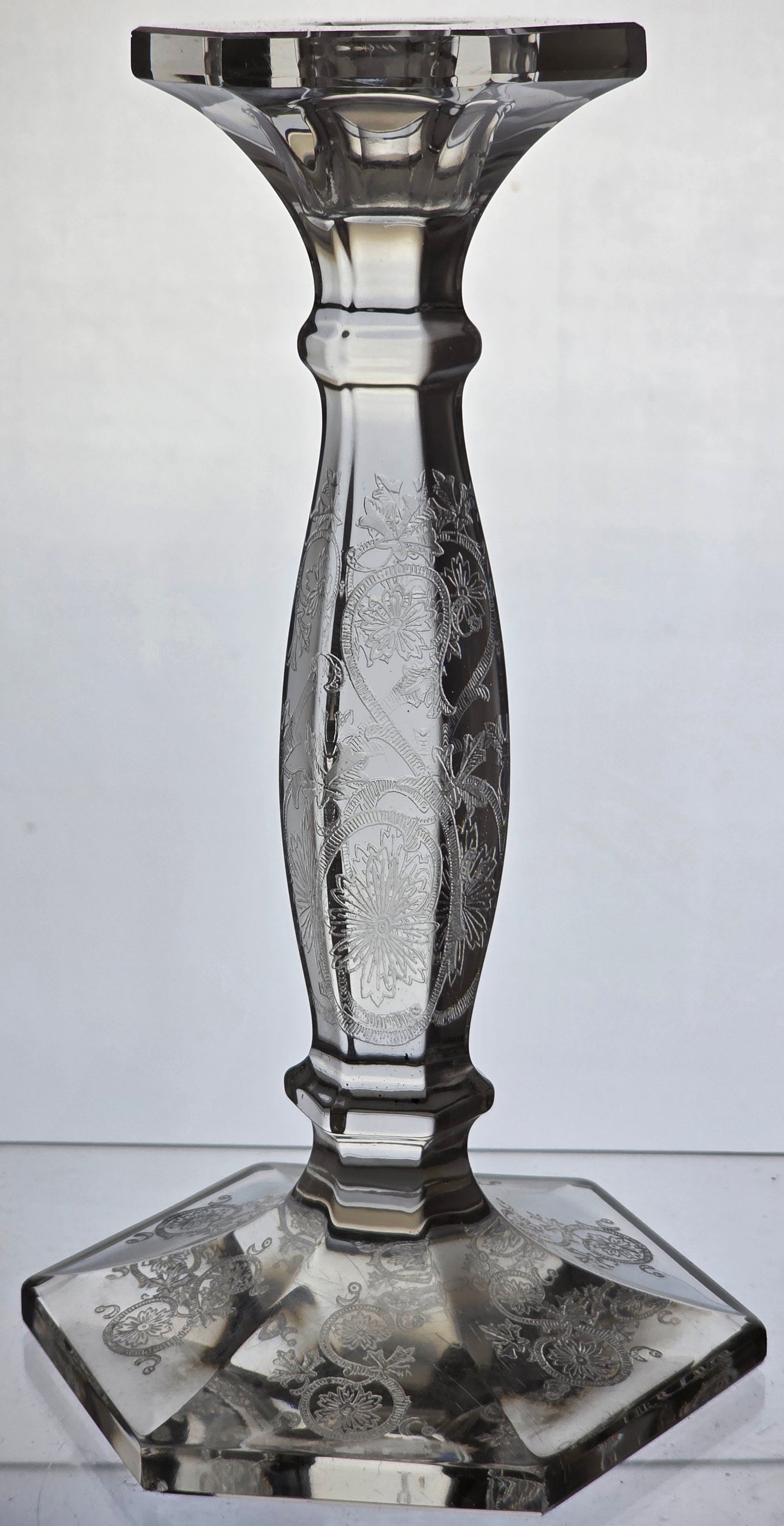 Pair etched glass candlesticks  US Glass Co pa20