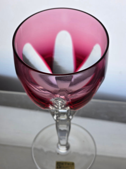 Hand Cut to clear cranberry wine glass